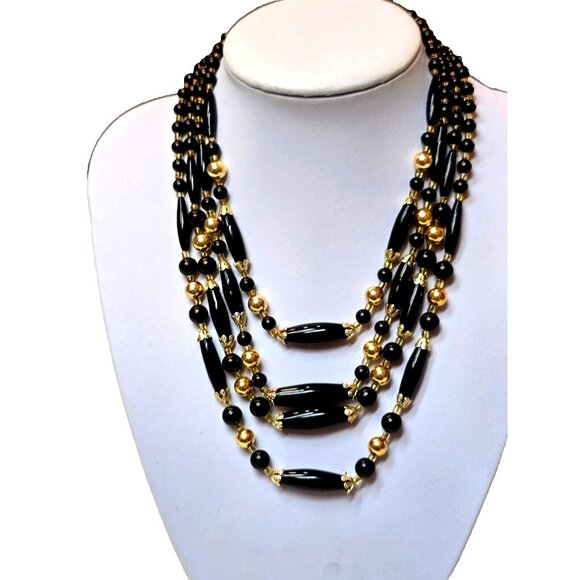 Vintage quadruple strand Black Agate and Gold beaded Made in Japan Necklace 1940 - Picture 1 of 7